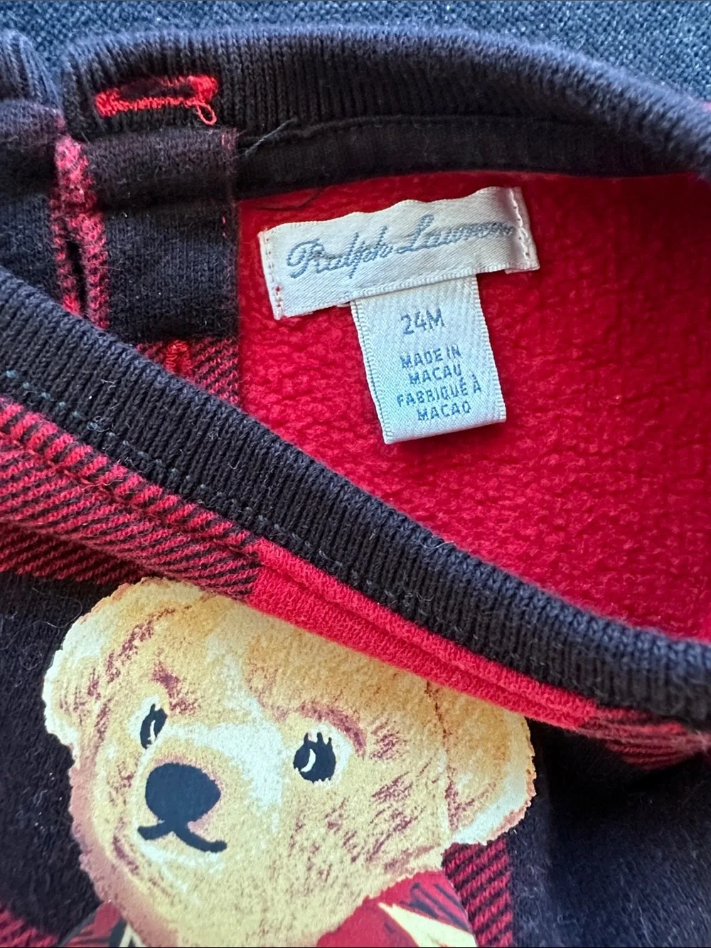 Ralph Lauren Red and Black Buffalo Plaid Polo Bear Graphic Top